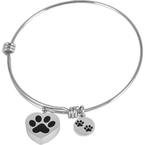 High Grade Stainless Steel Charm Bracelet Expandable Cuff Bangle Dog Paw Urn Pendant Ashes Urn Bracelet Cremation Jewelry