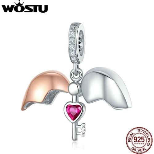 WOSTU Hot Sale Pure 925 Sterling Silver Open Heart Rose Gold Key Charms Beads Fit Bracelet Necklace DIY Jewelry Fashion CQC844