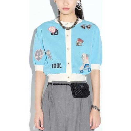 Fashion Pattern Cardigan Women 2021 Summer Short Sleeve Cardigan Digit Sunglasses Skateboard Shoes Jacquard Knit Sweater Shirt