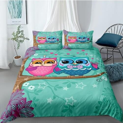 Cartoon Owl Bedding Set Children Duvet Cover 2/3pcs With Pillowcase Queen King Size Cartoon Printed Comforter Bed Set Bedclothes