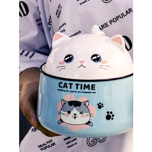 Multifunction Cartoon Cat Ceramic Instant Noodle Bowl 450ML 1020ML with Lid Handle Mug Fruit Home Dormitory Office