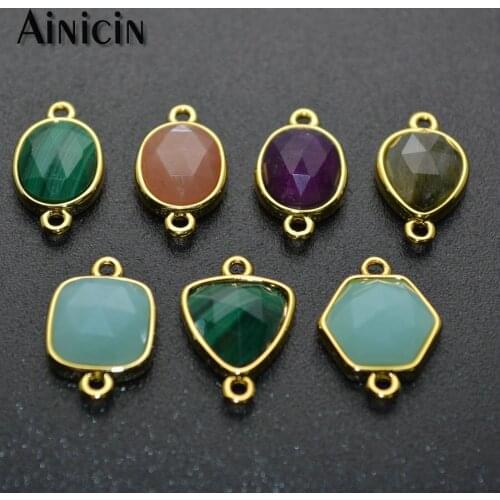 10pcs Natural Semi-precious Stone Gold Circle Facet Oval Pear Hexagon Triangle Shape DIY Jewelry Making Connectors