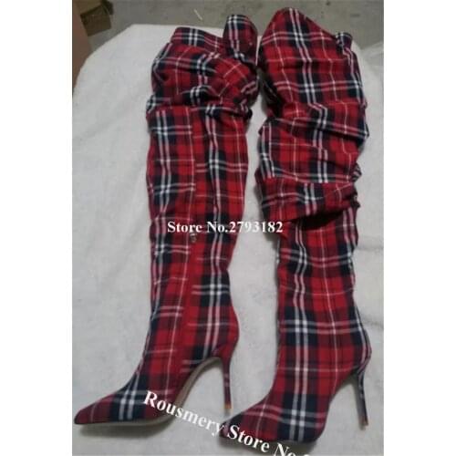 Newest Fashion Women Pointed Toe Red Plaided Stiletto Heel Over Knee Boots Loose Long High Heel Boots Club Dress Shoes