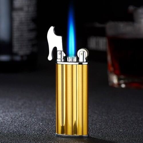 New Personalized Creative Grinding Wheel Blue Flame Wind Proof Retro Straight Metal Gas Inflatable Lighter For Men And Women
