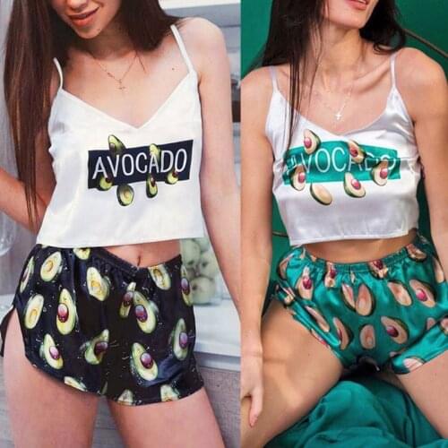Women Summer Imitation Silk Pajamas Set Sexy Sleeveless V-Neck Backless Camis Top Cartoon Avocado Split Shorts Sleepwear