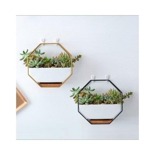 Simple Octagonal Geometric Wall Hanging Table Pendulum Succulent Platter Ceramic Flower Pot Bamboo Tray Iron Frame Set