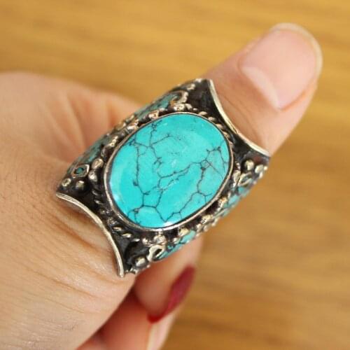 RG349 Vintage Ethnic Tibetan Large Ring Handmade Copper Inlaid Oval Turquoises Stone Thumb Ring 2021 New Arrival
