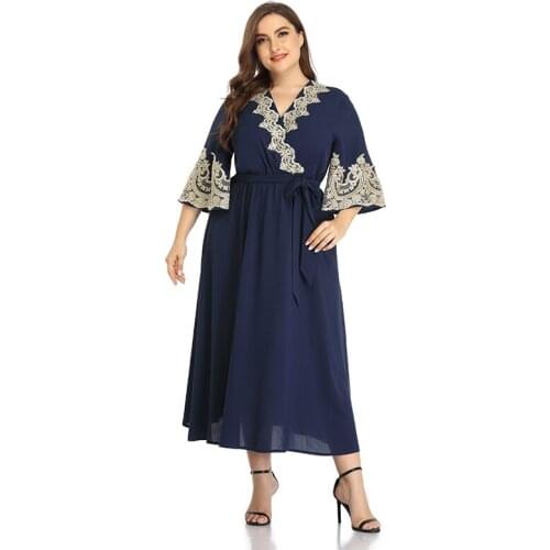 Summer Autumn Dress Women Embroidery Dresses V Neck Three Quarter Sleeve Large Plus Size Evening Dress Ball Gown