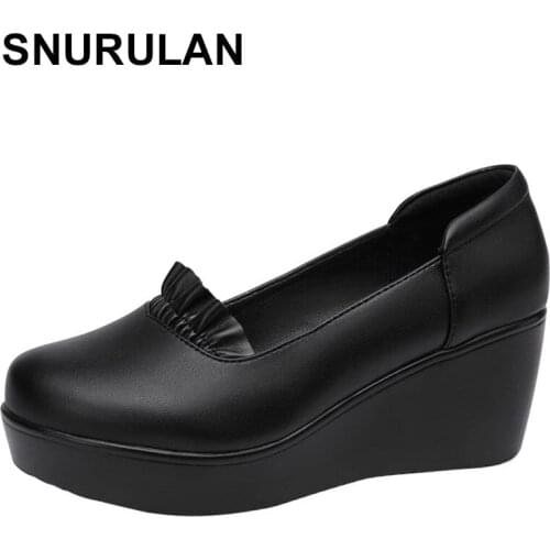 SNURULAN Round Head Middle Age Shoes Women Wedges Heel Office Shoes Women High Heels Platform Ladies Heels