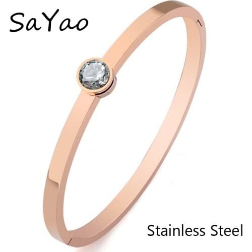 SaYao Open Size High Quality Rose Gold Stainless Steel Bangle Round Love Zircon Cubic Zirconia Bracelet Bangles Women Gift
