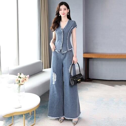 Spring/Summer 2021 New Women Fashion Wide-leg Pants Broken Holes Casual Slim Denim Two-piece Street Temperament Denim Sets s294
