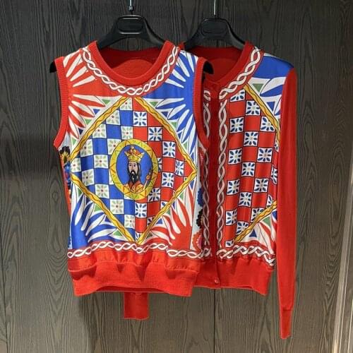 High Quality Womens Cardigan Vintage Printed Twill Silk Stitching Wool Knit Cardigan 2021 Summer Autumn