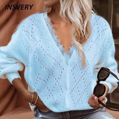 Autumn Women Sweater Lace Design V Neck Sexy Knitted Sweaters For Women Fashion Pullover Loose Tops Casual Jumper Plus Size