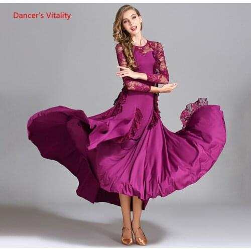 Ballroom Dance Dress Adult Female Lace Long Sleeves Ruffles Big Swing Dresses For Women Waltz Tango Dance Practice Costumes