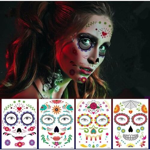 5pcs Facial Makeup Sticker Special Waterproof Face Tattoo Day Of The Dead Skull Face Dress Up Halloween Temporary Tattoo Sticker