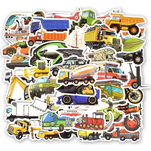 50pcs Transportation Cartoon Sticker Car Ship Aircraft Construction vehicle Sticker for DIY Kids Toy Room Learning Traffic Tool