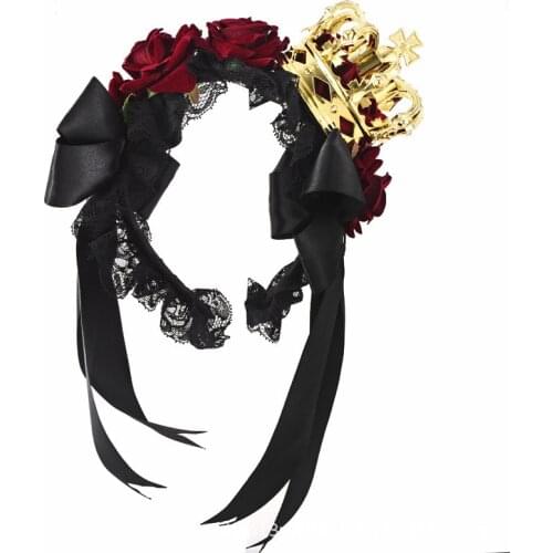 Gothic Crown Red Rose Headband Lolita Ribbon Hair Accessories Retro Halloween Party Veil Accessories