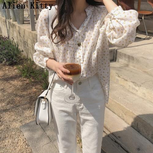 Alien Kitty Retro Korea Chic Hot Casual Free Sweet Blouse 2019 Summer New Arrival Elegant O-Neck Long Sleeves Fresh Simple Shirt