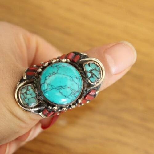 RG350 Ethnic Tibetan Large Thumb Ring Nepal Handcrafted Copper Inlaid Turquoises Stone Rings