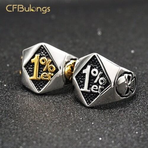 CFBulongs Vintage Men 1%ER Skull Gold Ring 316L Stainless Steel Motorcyclist Style Antique Silver Color Jewelry Party Gift