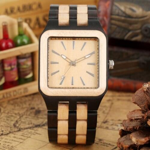 Unique Square Case Ebony Quart Watch for Men Practical Luminous Pointers Wooden Watches Solid Wooden Strap with Folding Clasp