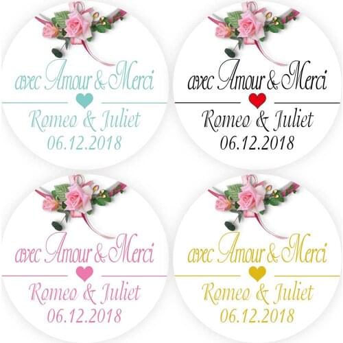 DouxArt 100 Pieces Stickers Personalized avec Amour & Merci, 4cm Wedding Favors Baptism Communion Party Decoration Seals Labels