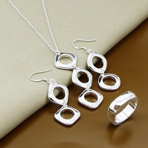 New Trendy Jewelry Sets 925 Sterling Silver Simple Square Necklace Earrings Rings Set For Women Men Gifts