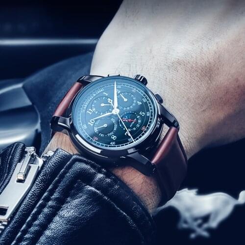 Mens Fashion Mechanical Military Watches Business Automatic Wristwatch Leather Multifunctional Clock Reojes De Hombre New 2021
