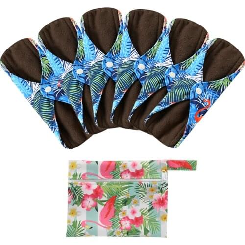 Soft Washable Charcoal Bamboo Menstrual Pad Incontinence Pads Reusable Sanitary Napkins 6Pcs Pads & 1 FREE Waterproof Wetbag