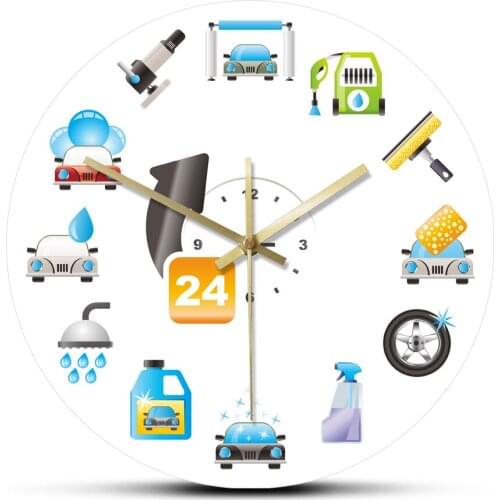 Car Polishing Cleaning Acrylic Wall Hanging Clock Car Wash Transportaion Vehicle Cleaner Cleaning Sponge Auto Service Wall Watch