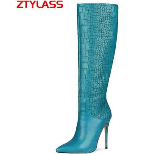 Sexy Stiletto Boots Autumn Women Boots Faux Crocodile Leather Super High Heel Knee High Boots Pointed Toe Woman Shoes