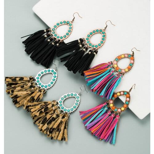 Bohemia Style Frame Inlay Multicolor Stone Colorful Leather Velvet Long Tassels Drop Earrings For Women Girls Fashion Jewelry
