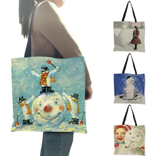 Cute Cartton Snowman Printed Large Tote Handbags For Women Christmas Gift Reusable Shopping Bags For Groceries B13215