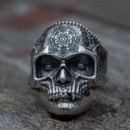 Unique Silver Color Stainless Steel Heavy Sugar Skull Ring Mens Mandala Flower Santa Muerte Biker Luxury Jewelry