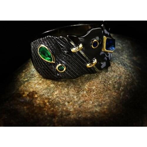 Vintage Female Blue Green Crystal Ring Classic 14KT Black Gold Wedding Ring Luxury Geometric Engagement Big Rings For Women