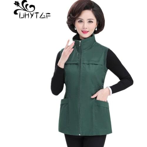 UHYTGF Womens sleeveless jacket spring autumn vests for women fashion zipper standing collar thin plus size vest waistcoat 1103