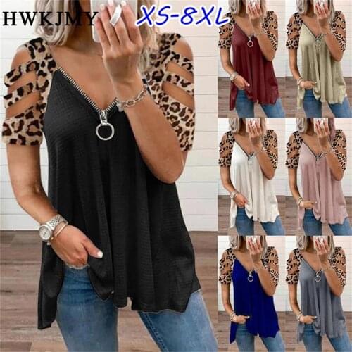 Summer Womens Clothing Casual Leopard Off Shoulder Short Sleeved Tops V-neck Zipper T-shirt Ladies Tee Loose Plus Size Shirts
