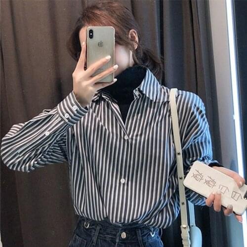 2021 Spring Office Lady Full Sleeve Women Shirt Blouse Work Button Up Striped Tunic Womens Shirt Turn-Down Collar Female Tops