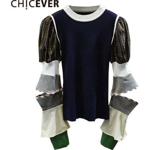CHICEVER Patchwork Sweater For Women O Neck Puff Long Sleeve Slim Hit Color Knitted Pullovers Vintage Sweaters Female 2020 Tide