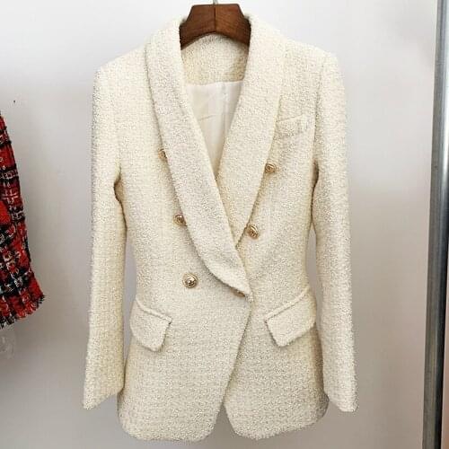 Free Shipping 2021 Autumn Winter Designer Fashion Thick Tweed Blazers For Women Elegant Double Breasted Long Slim Blazer Jacket