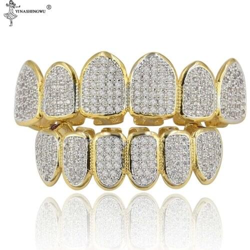Gold Silver Plated Hip Hop Teeth Grill All Iced Out CZ Stone Micro Paved Men Womens Top & Bottom Grills Jewelry 1 Set For Gifts