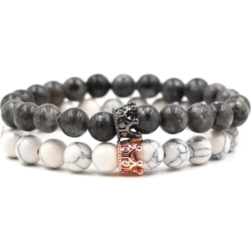 2Pcs/Set Trendy 16 Style 8mm bead Stone Creative Bracelet Pave CZ Flower crown Bracelets Bangle For Women&Men Noble Jewelry Hot