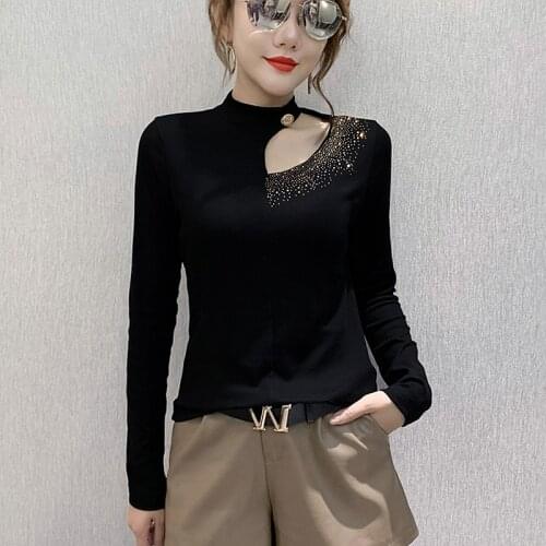 #5770 Black Basic T Shirt Women Hollow Out Diamonds Sexy Long Sleeve T Shirt Cotton Slim Tight Top Female Fashion Split Joint