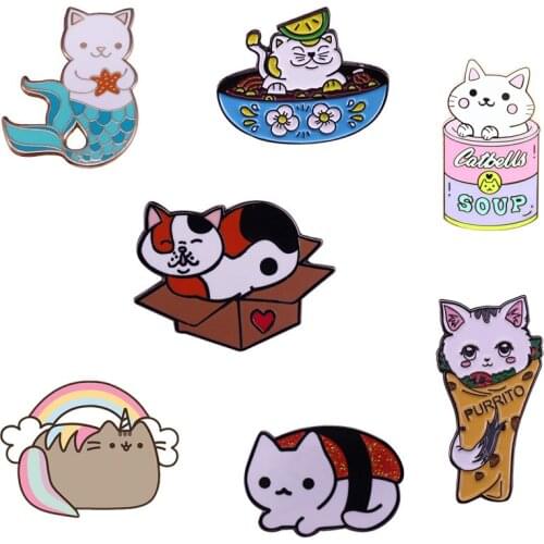 Kawaii Cat Series Enamel Pins Foodie Sushi Taco Meow Cartoon Animal Jewelry Artist Collection