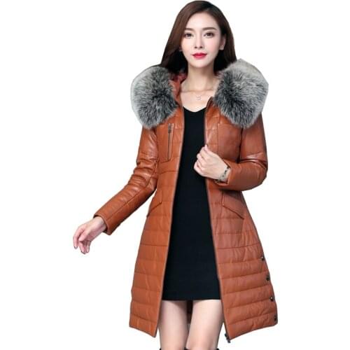 European Winter Women Real Leather Parkas Down Coats Fox Fur Hoody Lady Warm Outerwear Overcoat Plus Size 3XL LF4203
