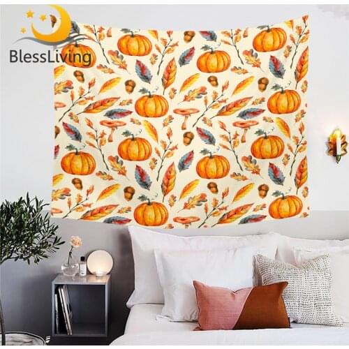 BlessLiving Pumpkins Tapestry Golden Leaves Wall Hanging Fall Autumn Bedroom Decor Mushrooms Tapisserie Watercolor Wall Carpet