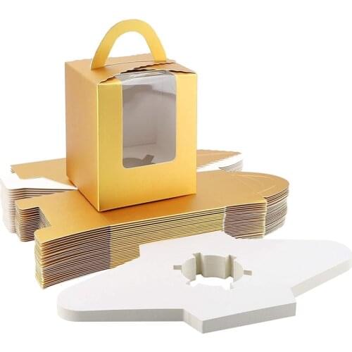 Dessert Box Kraft Cupcake Boxes, Single Cupcake Carrier with Window Insert and Handle, Kraft Pastry Containers 25 Pieces