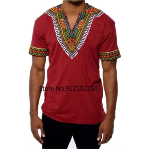 Red V Neck African Dashiki Dress T Shirt Men 2020 Brand New Short Sleeve African Clothes Streetwear Casual Tee Shirt Homme XXL