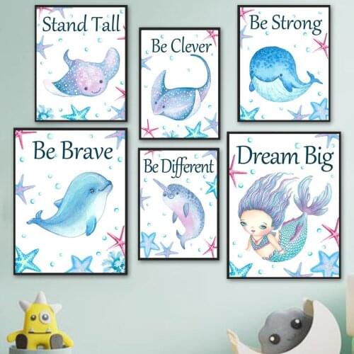 Mermaid Dolphin Whale Narwhal Ray Cartoon Wall Art Canvas Painting Nordic Posters And Prints Wall Pictures Baby Kids Room Decor