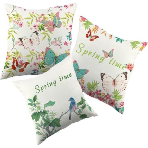 Spring Leaves Butterfly Design Cottom Cushion Cover Colorful Pillow Case For Home Couch Green Pink
